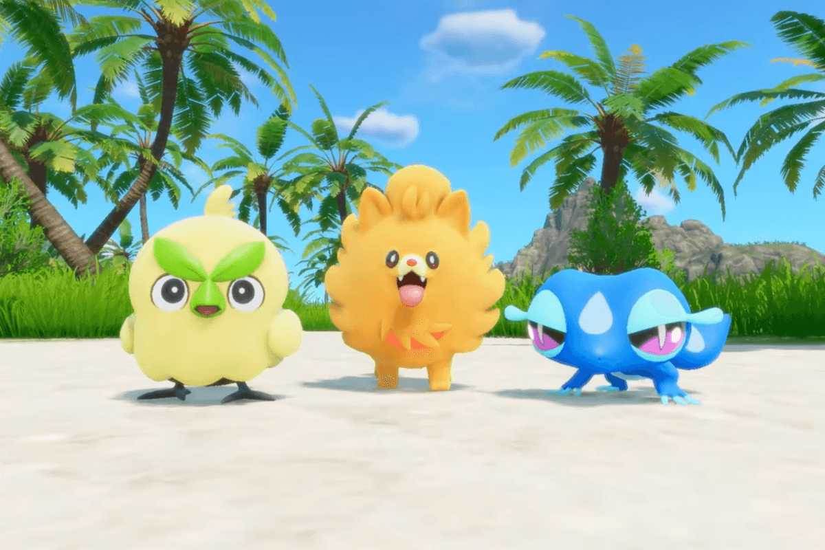 A screenshot of Browt, Pombon and Gecqua in the reveal trailer for Pokemon Winds and Waves