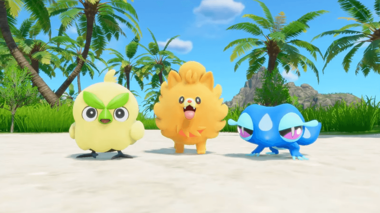 A screenshot of Browt, Pombon and Gecqua in the reveal trailer for Pokemon Winds and Waves