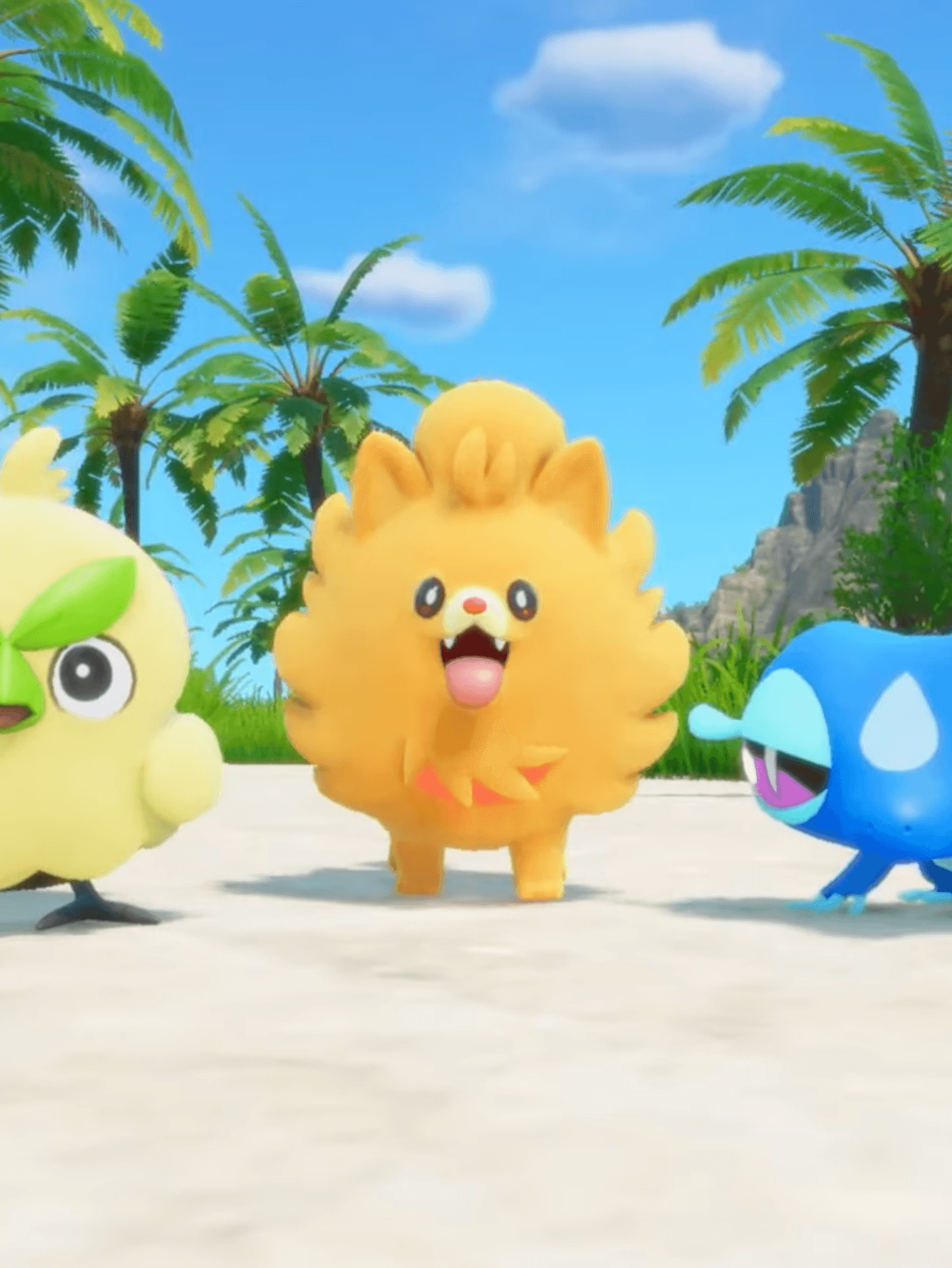 A screenshot of Browt, Pombon and Gecqua in the reveal trailer for Pokemon Winds and Waves