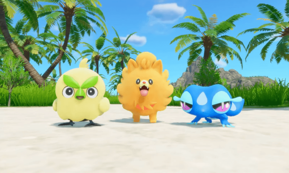A screenshot of Browt, Pombon and Gecqua in the reveal trailer for Pokemon Winds and Waves