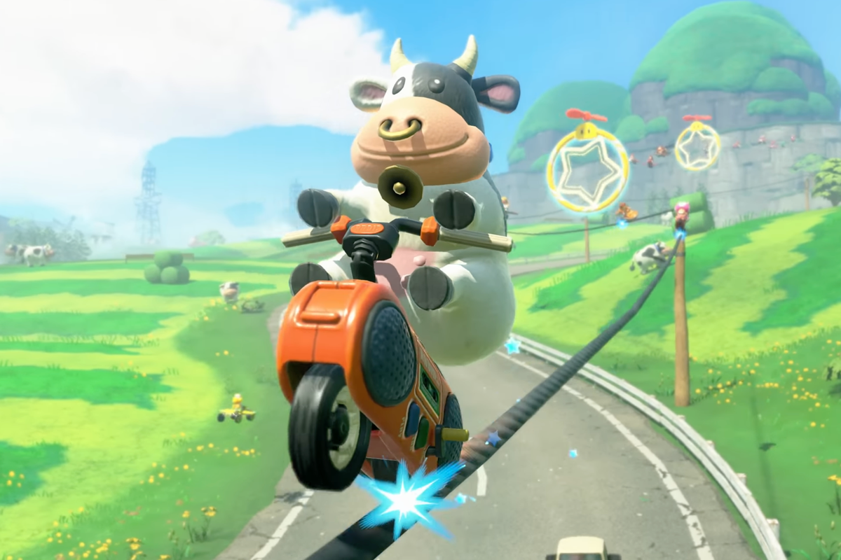A screenshot of Cow from the Mario Kart World overview trailer
