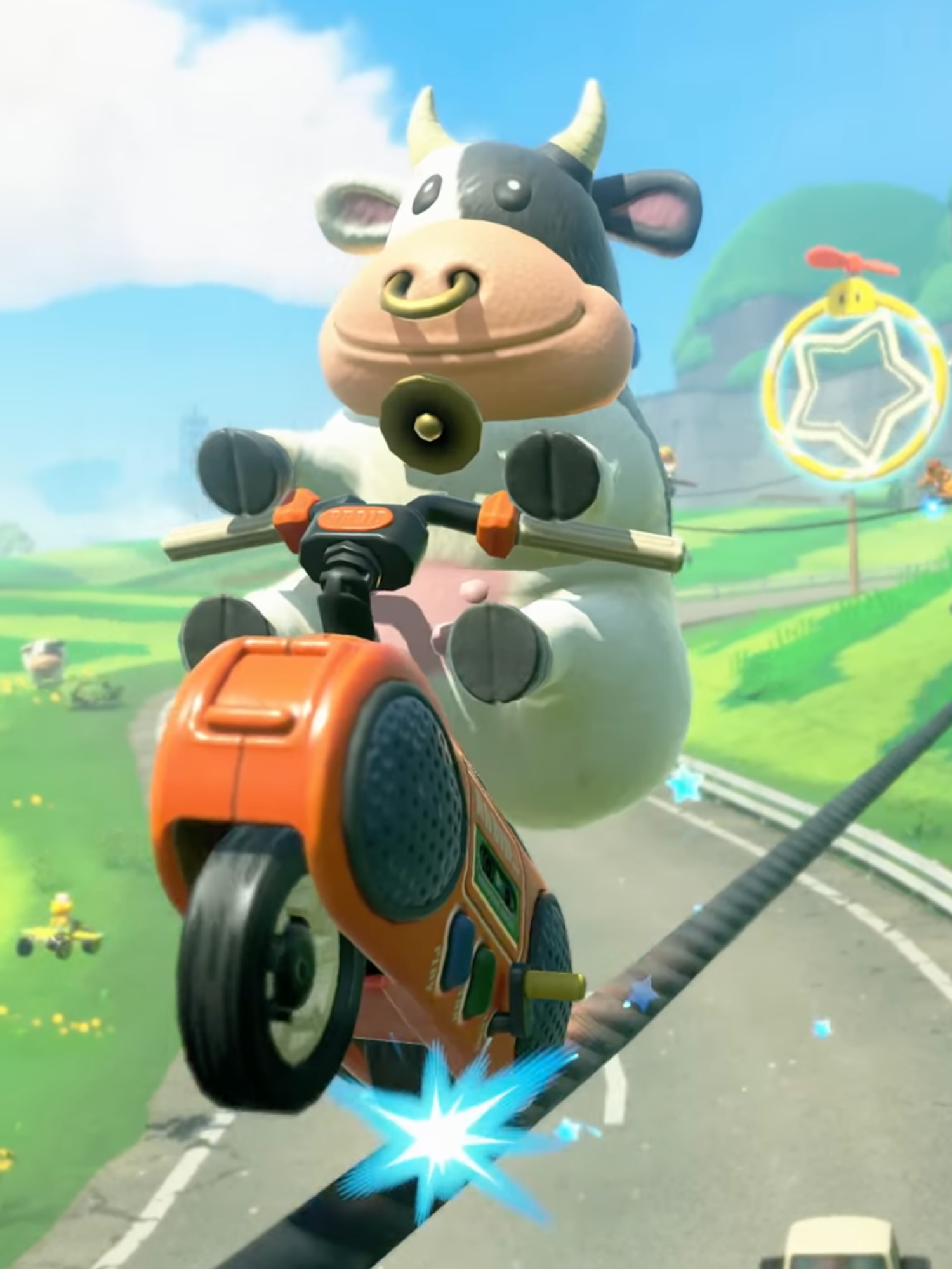 A screenshot of Cow from the Mario Kart World overview trailer