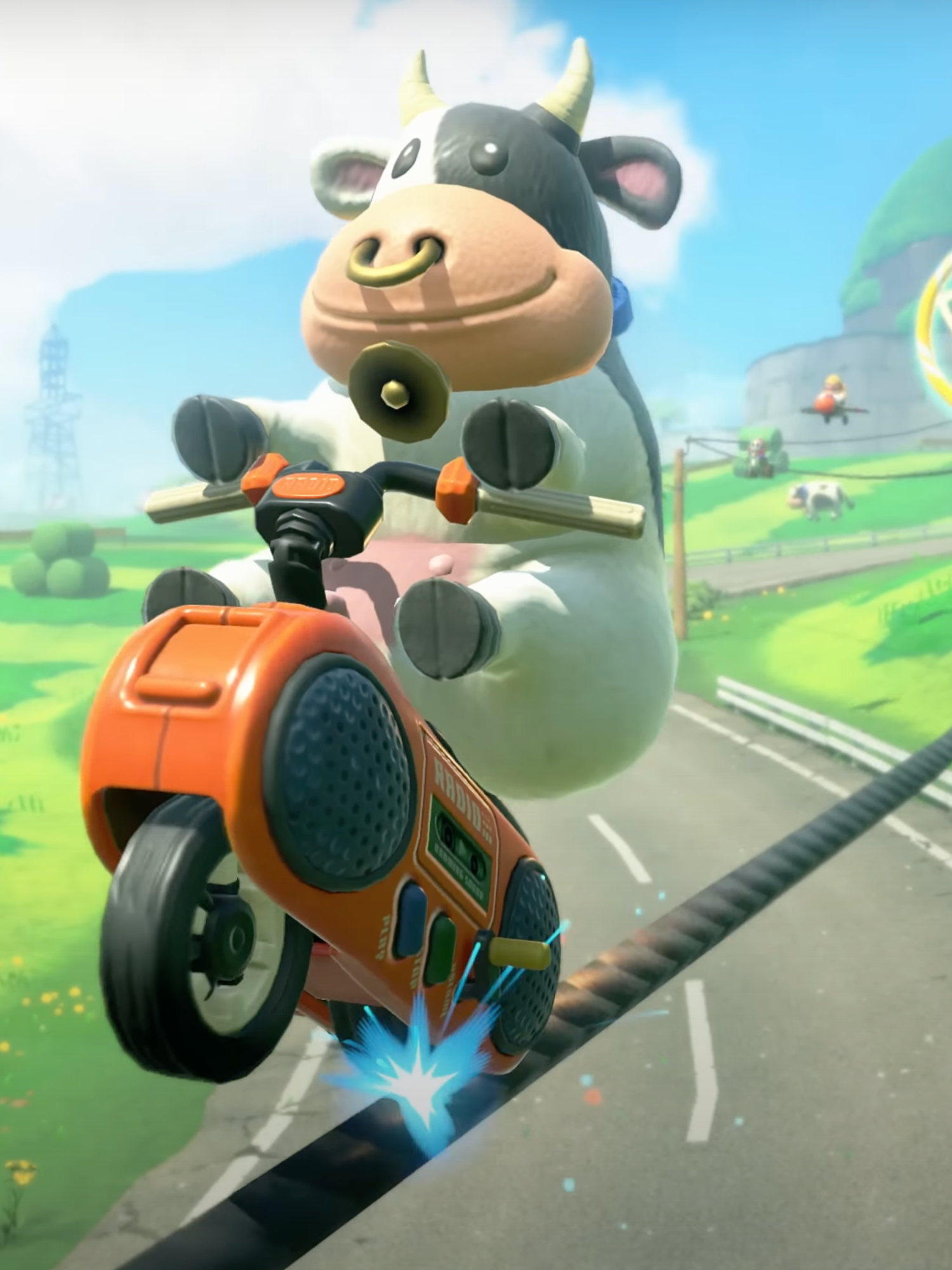 A screenshot of Cow in a trailer for Mario Kart World