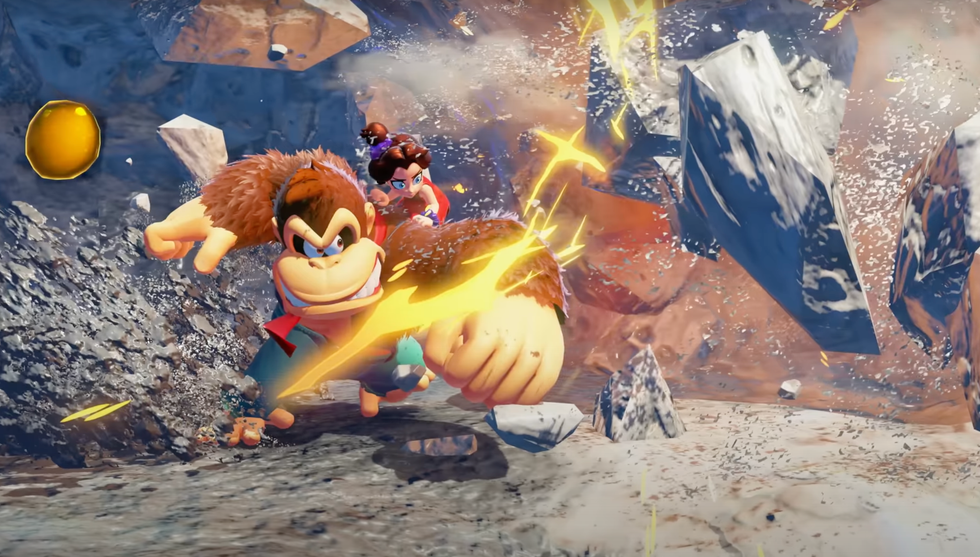 A screenshot of DK and Pauline from Donkey Kong Bananza