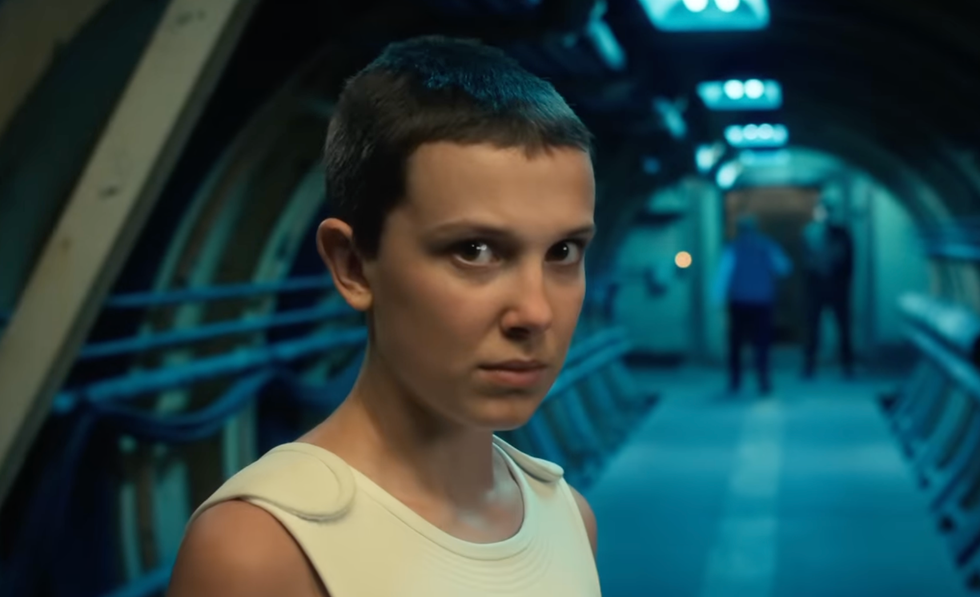 A screenshot of Eleven in a Stranger Things Season 4 trailer