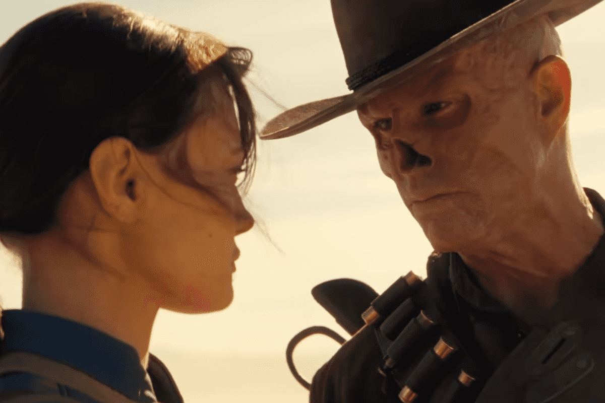A screenshot of Ella Purnell as Lucy McLean and Walton Goggins as The Ghoul in a Fallout Season 2 trailer
