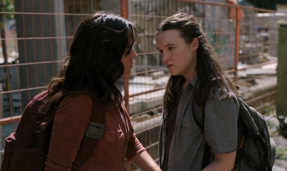 A screenshot of Ellie and Dina from The Last of Us Season 2