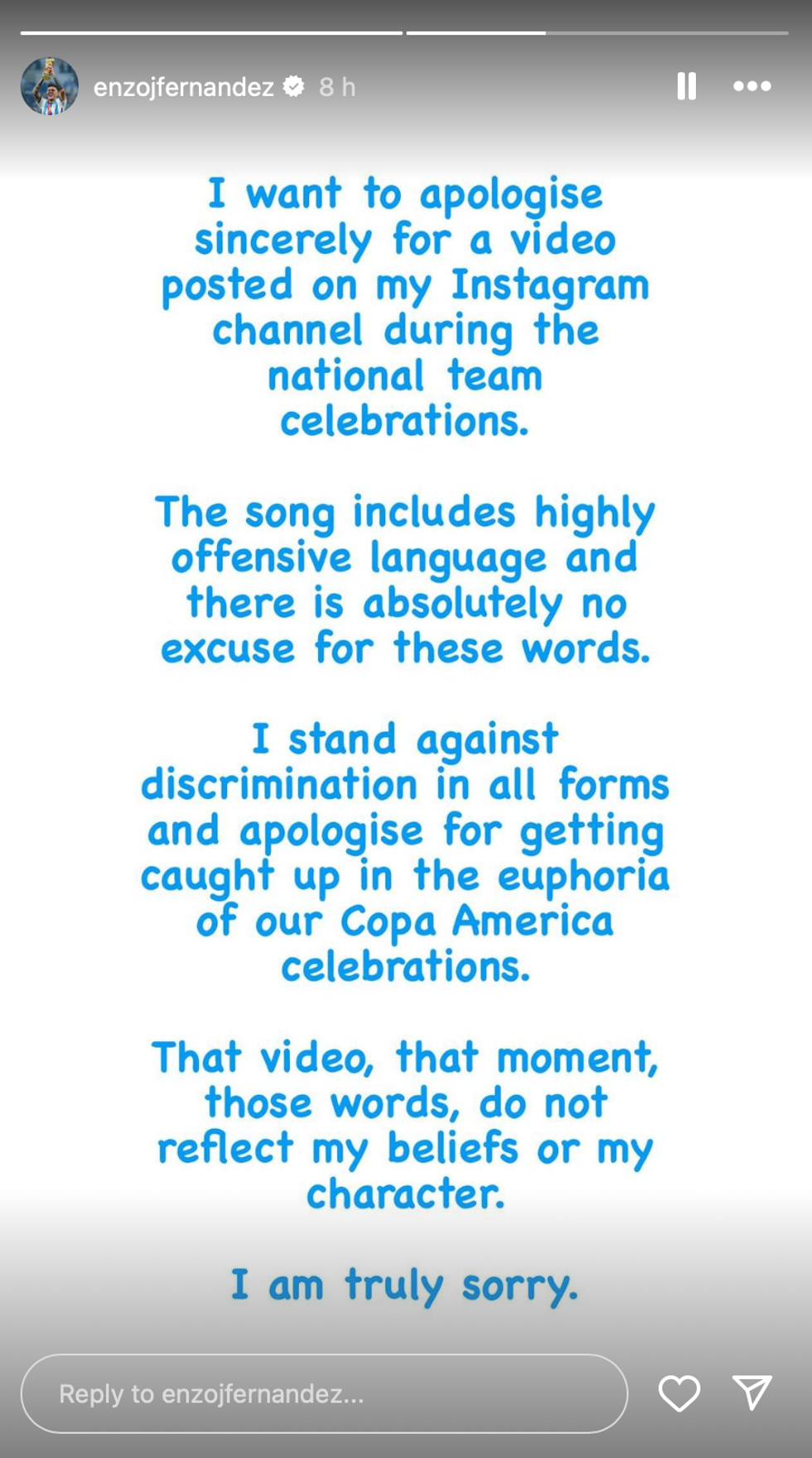 A screenshot of Enzo Fernandez' Instagram story