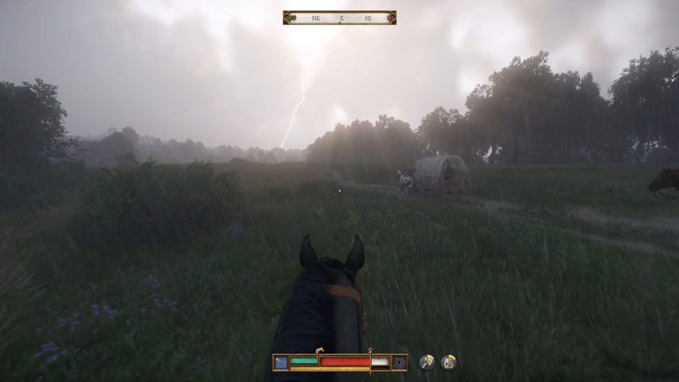 A screenshot of Henry riding on horseback in Kingdom Come Deliverance II