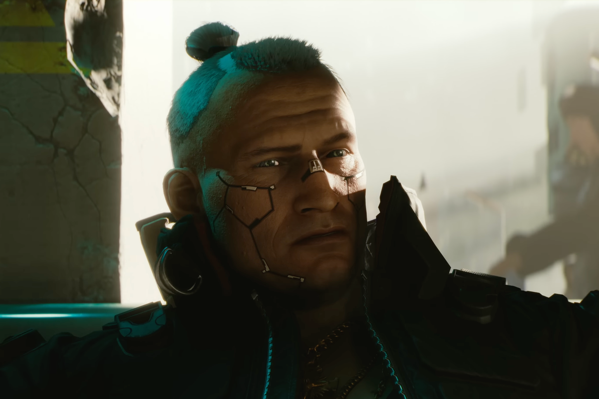 A screenshot of Jackie from a Cyberpunk 2077 trailer