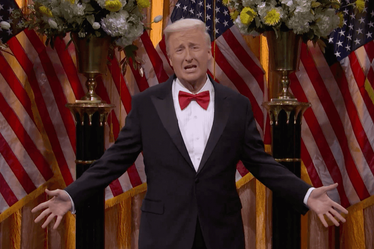 A screenshot of James Austin Johnson playing Donald Trump during Saturday Night Live