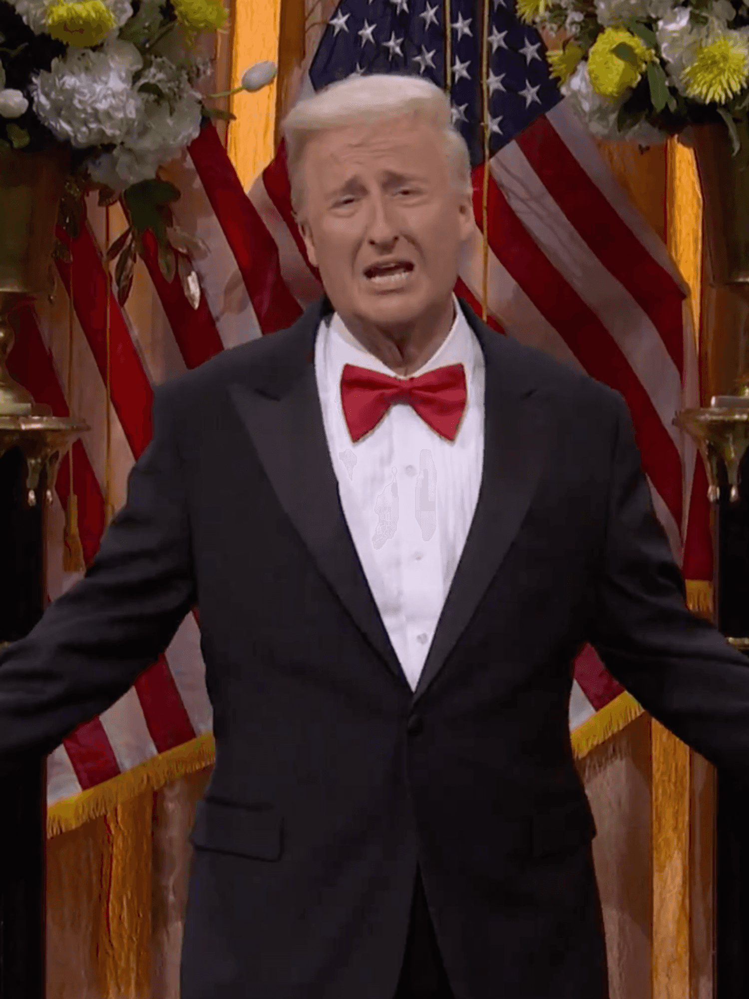 A screenshot of James Austin Johnson playing Donald Trump during Saturday Night Live