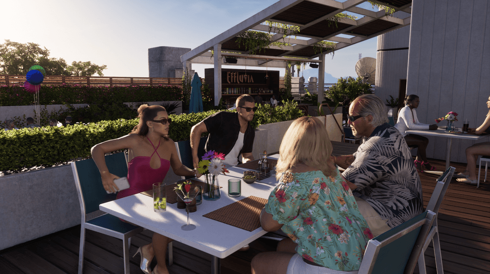A screenshot of Jason and Lucia dining with Brian and Lori at a rooftop bar in GTA 6: An Extended Look