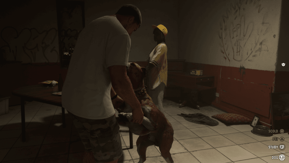 A screenshot of Jason petting a dog in GTA 6: An Extended Look