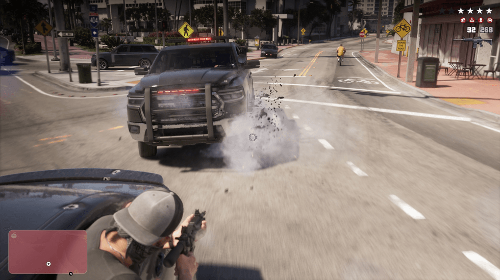 A screenshot of Jason shooting at police car tyres in GTA 6: An Extended Look