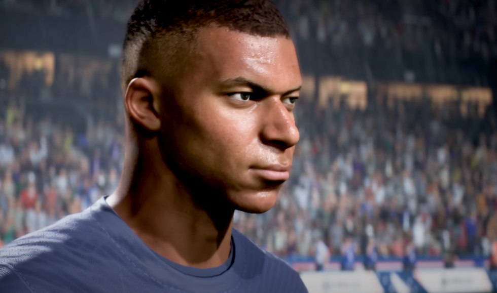 A screenshot of Kylian Mbappe in the reveal trailer for FIFA 23