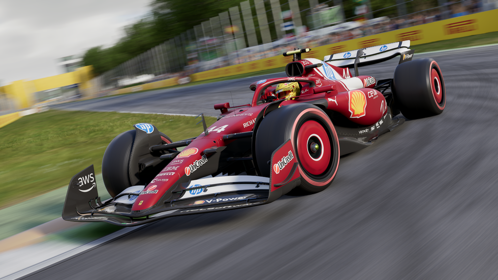 A screenshot of Lewis Hamilton in a Ferrari in EA Sports F1 25
