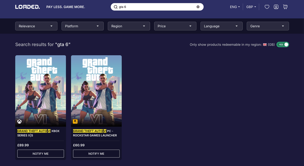 A screenshot of Loaded's GTA 6 listings