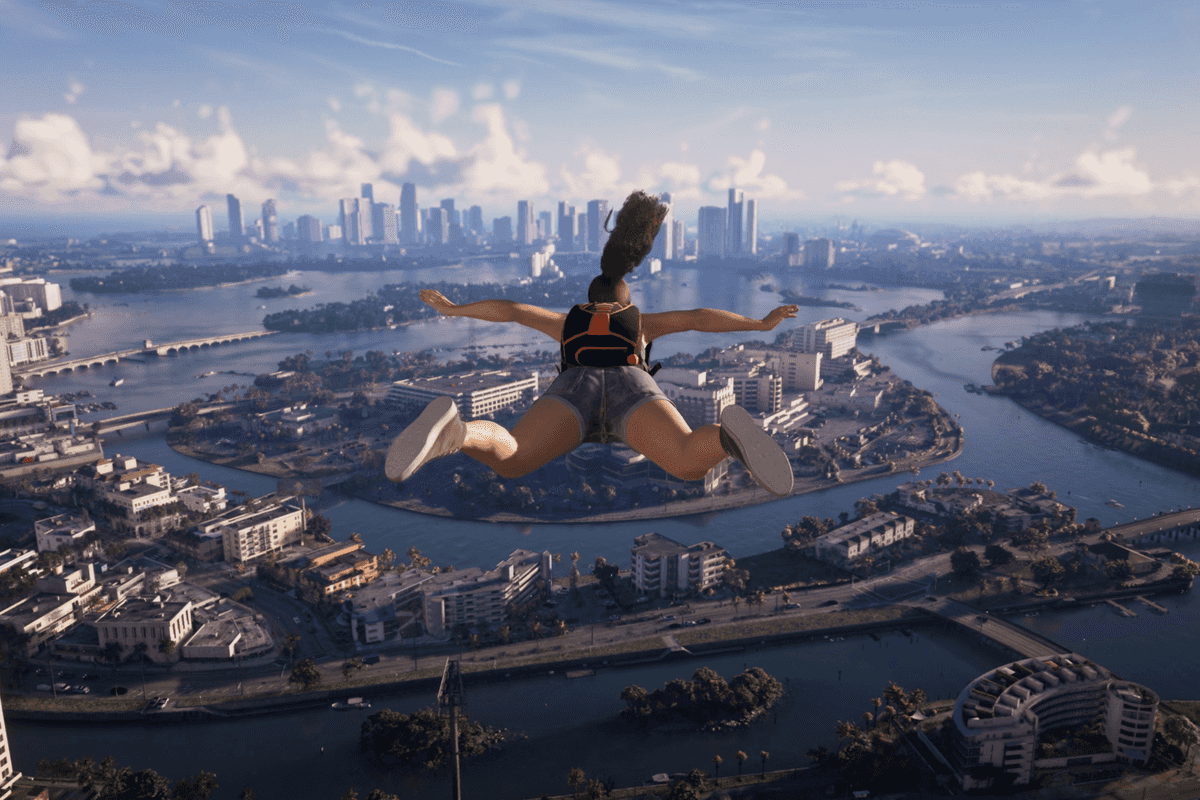 A screenshot of Lucia Caminos skydiving in GTA 6 An Extended Look