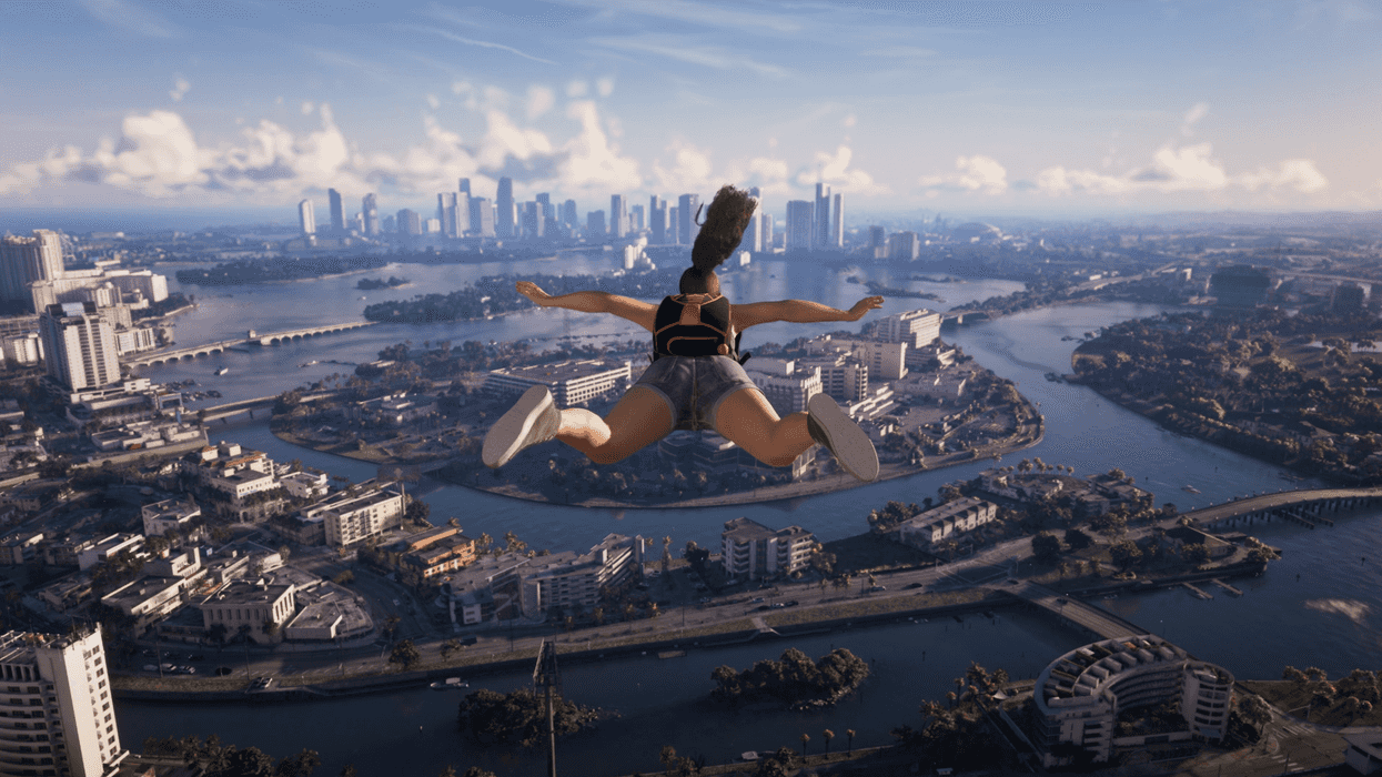 A screenshot of Lucia Caminos skydiving in GTA 6 An Extended Look