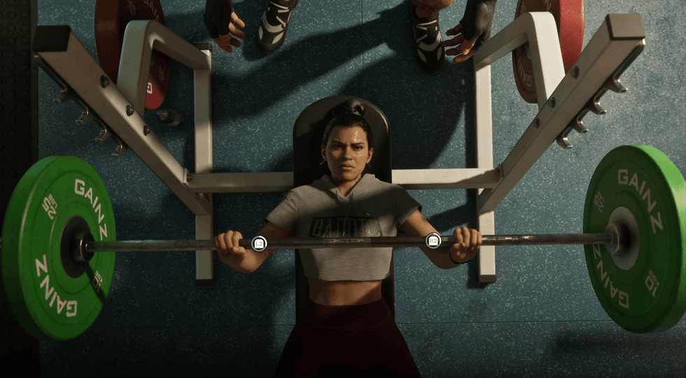 A screenshot of Lucia lifting weights in GTA 6: An Extended Look