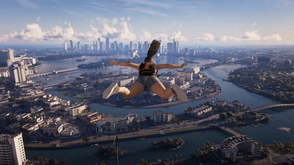 A screenshot of Lucia skydiving in GTA 6: An Extended Look