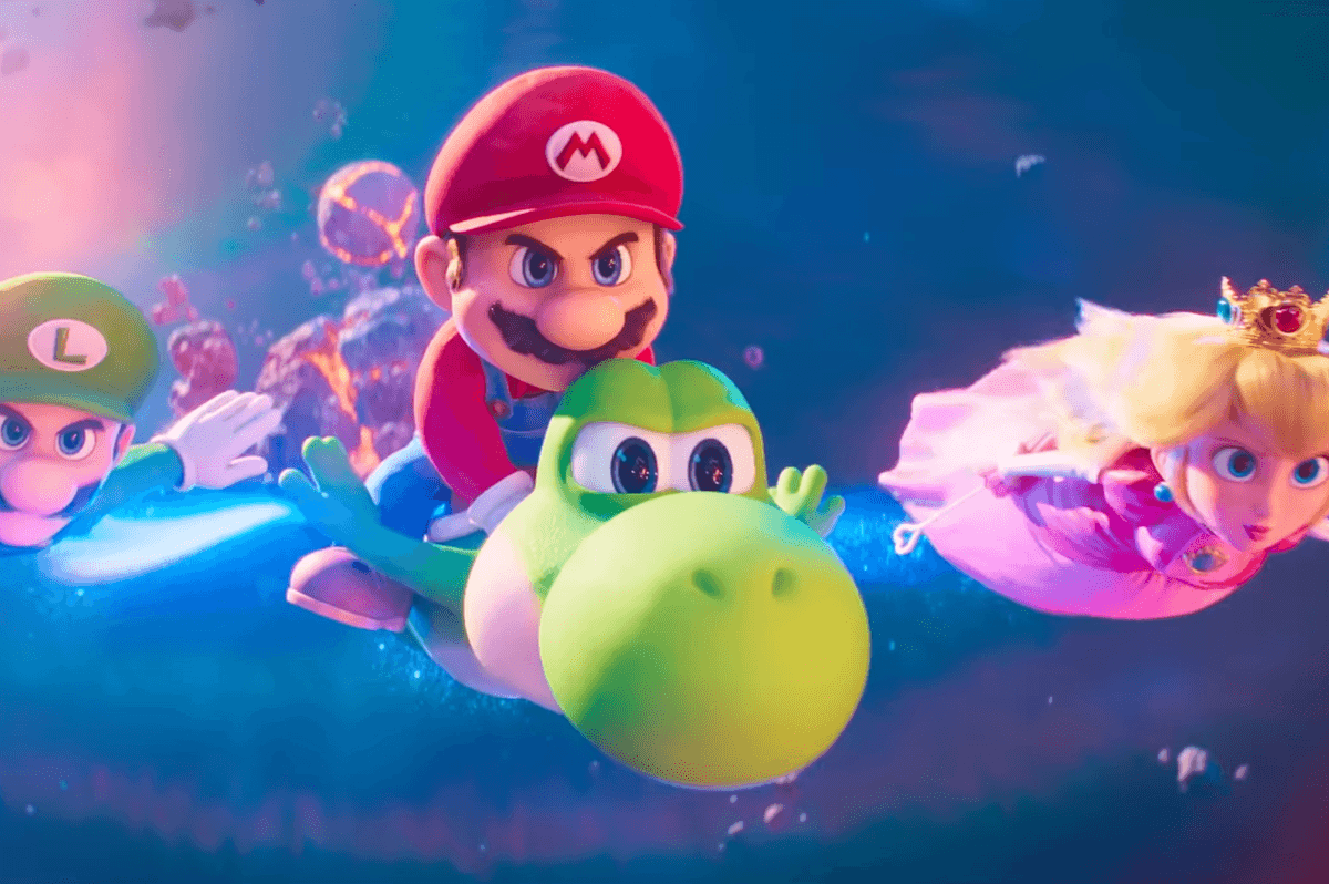 A screenshot of Luigi, Mario, Yoshi and Peach from the final The Super Mario Galaxy Movie trailer