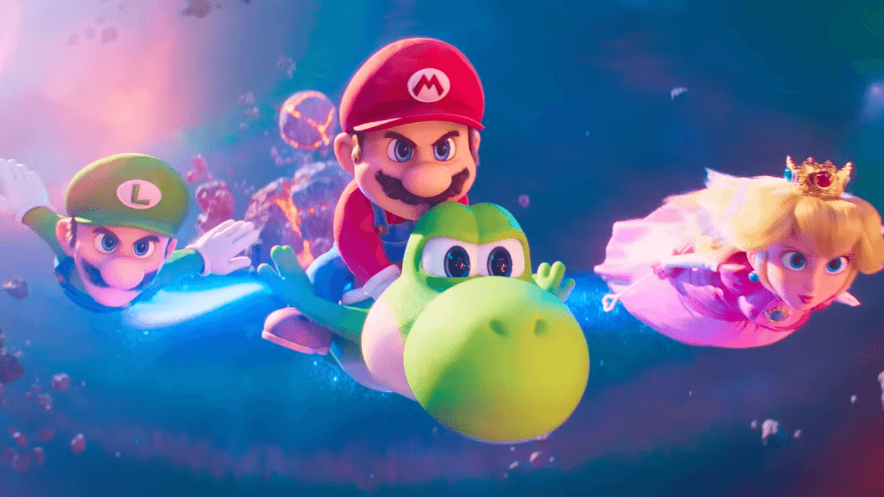 A screenshot of Luigi, Mario, Yoshi and Peach from the final The Super Mario Galaxy Movie trailer