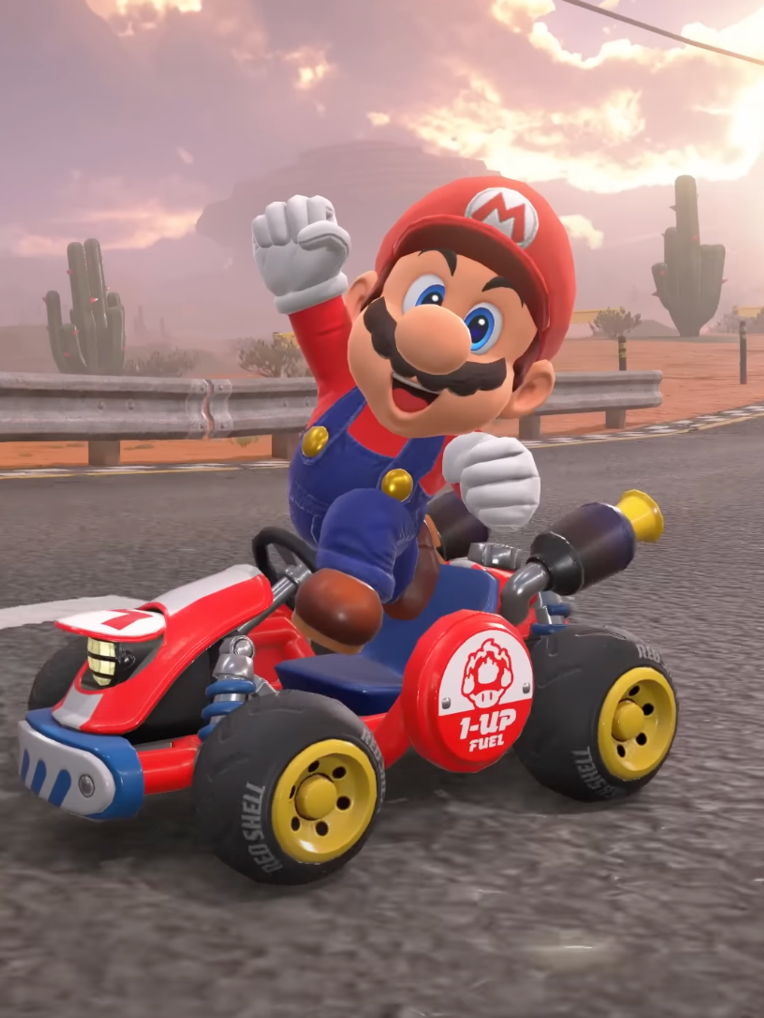 A screenshot of Mario from the Mario Kart World reveal trailer