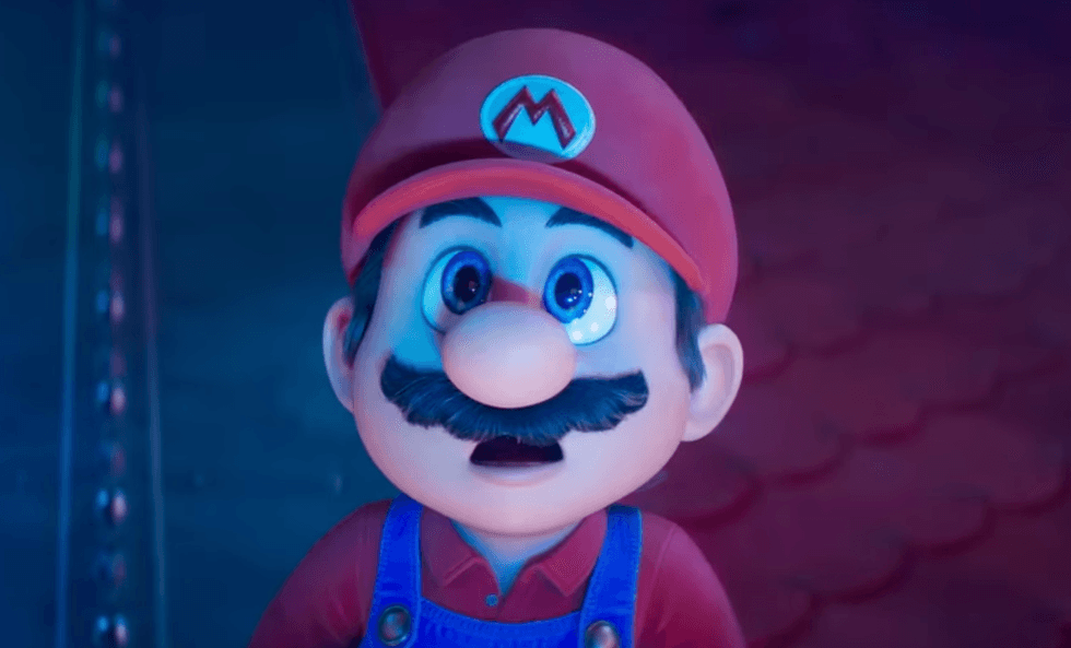 A screenshot of Mario in a trailer for The Super Mario Galaxy Movie