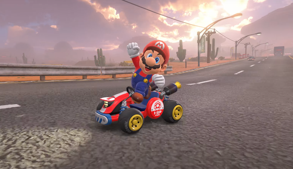 A screenshot of Mario in the reveal trailer for Mario Kart World