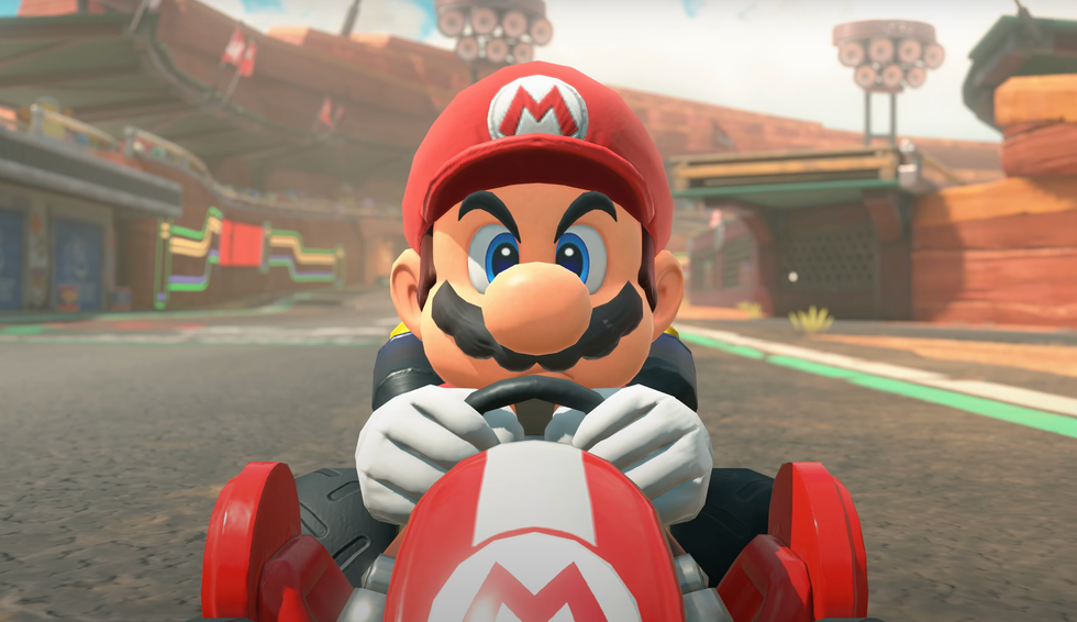A screenshot of Mario in the reveal trailer for Mario Kart World