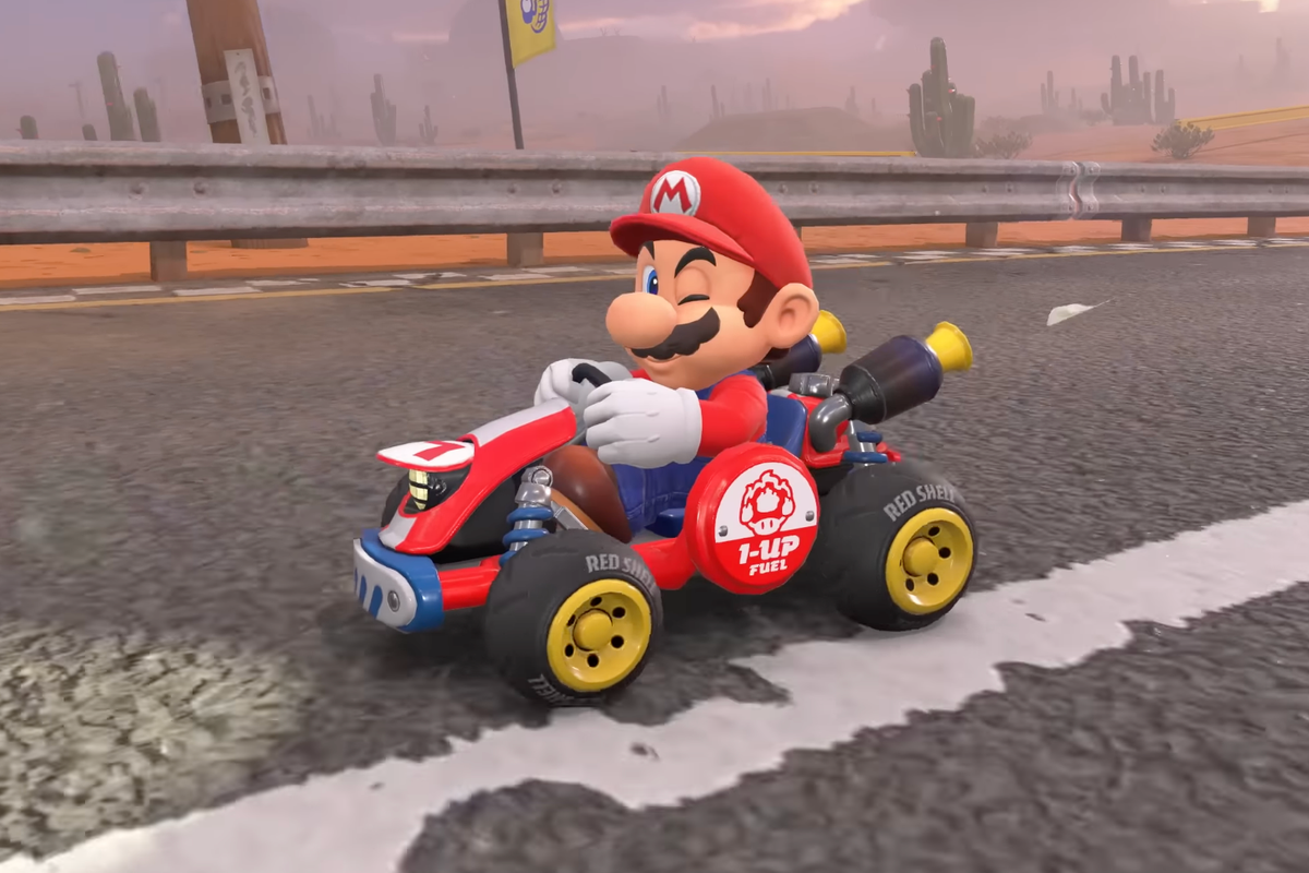 A screenshot of Mario in the reveal trailer for Mario Kart World