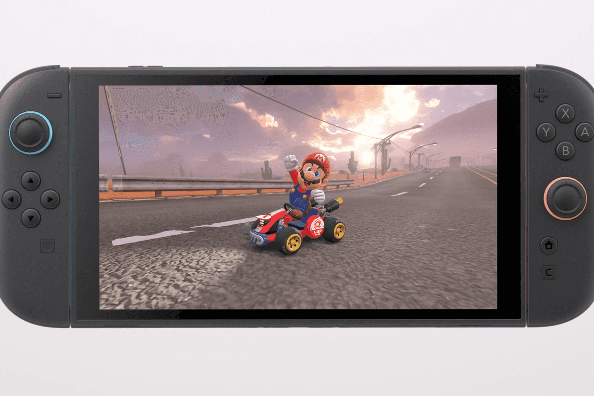 A screenshot of Mario Kart World on the Nintendo Switch 2 console from the Switch 2 launch trailer
