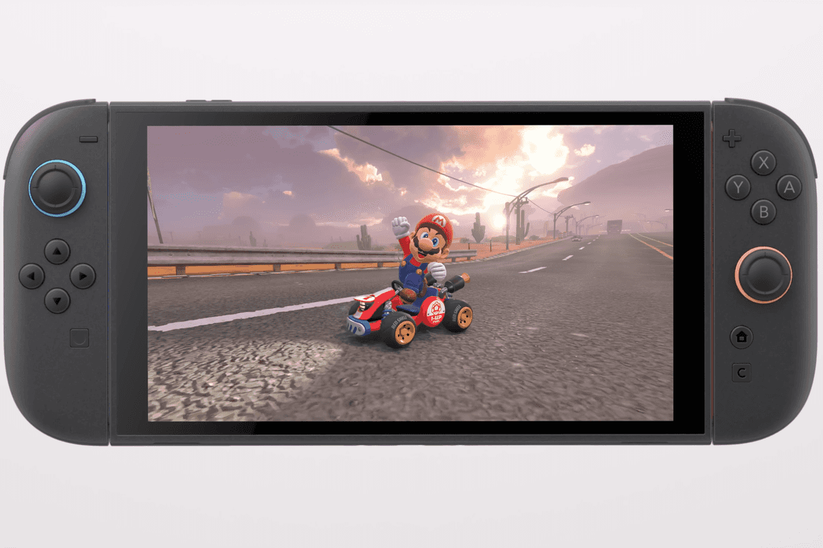 A screenshot of Mario Kart World running on a Nintendo Switch 2 console from the Switch 2 launch trailer
