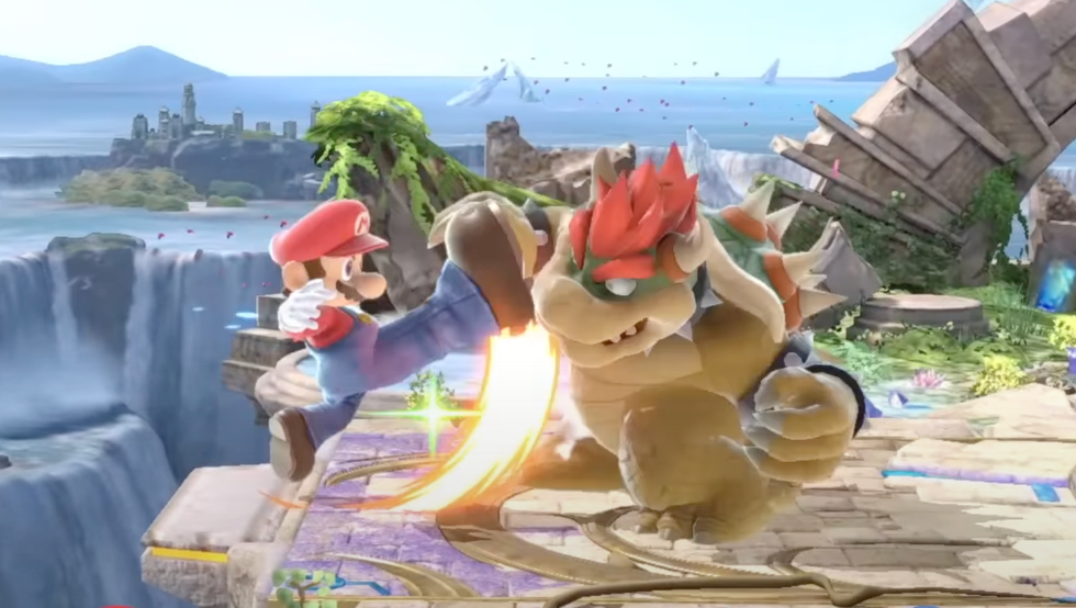 A screenshot of Mario kicking Bowser in a Super Smash Bros Ultimate trailer