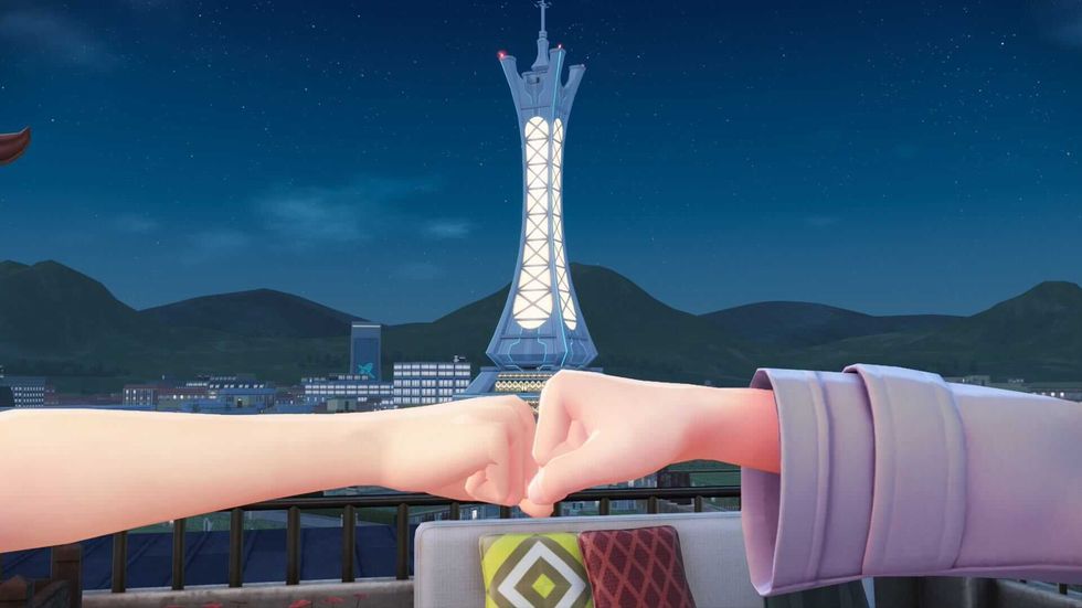 A screenshot of my character fist bumping Taunie in Lumiose City