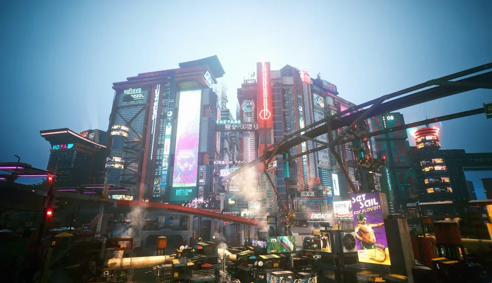 A screenshot of Night City from the Cyberpunk 2077 NVSS_X77 mod