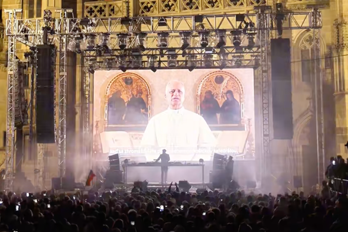 A screenshot of Pope Leo at a cathedral rave