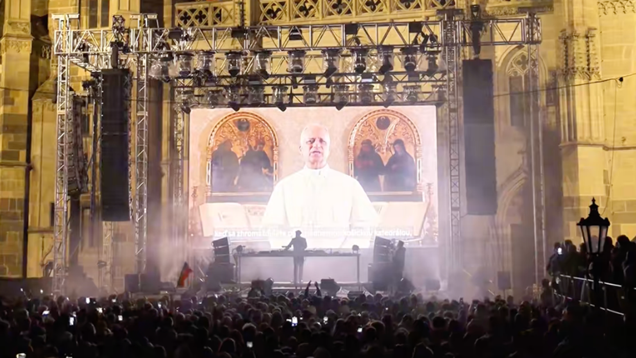 A screenshot of Pope Leo at a cathedral rave