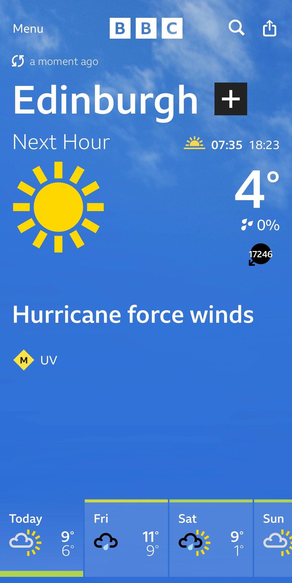 A screenshot of the BBC Weather app glitch on October 10 affecting the forecast for Edinburgh
