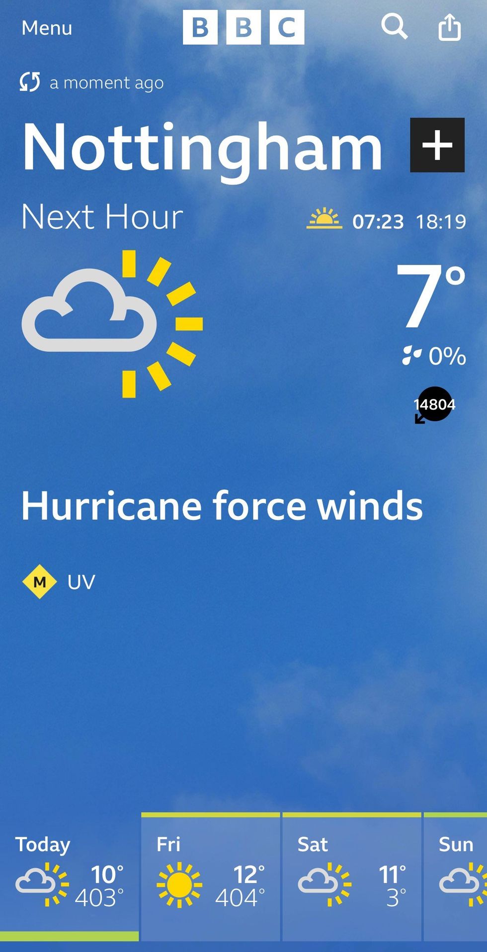 A screenshot of the BBC Weather app glitch on October 10 affecting the forecast for Nottingham