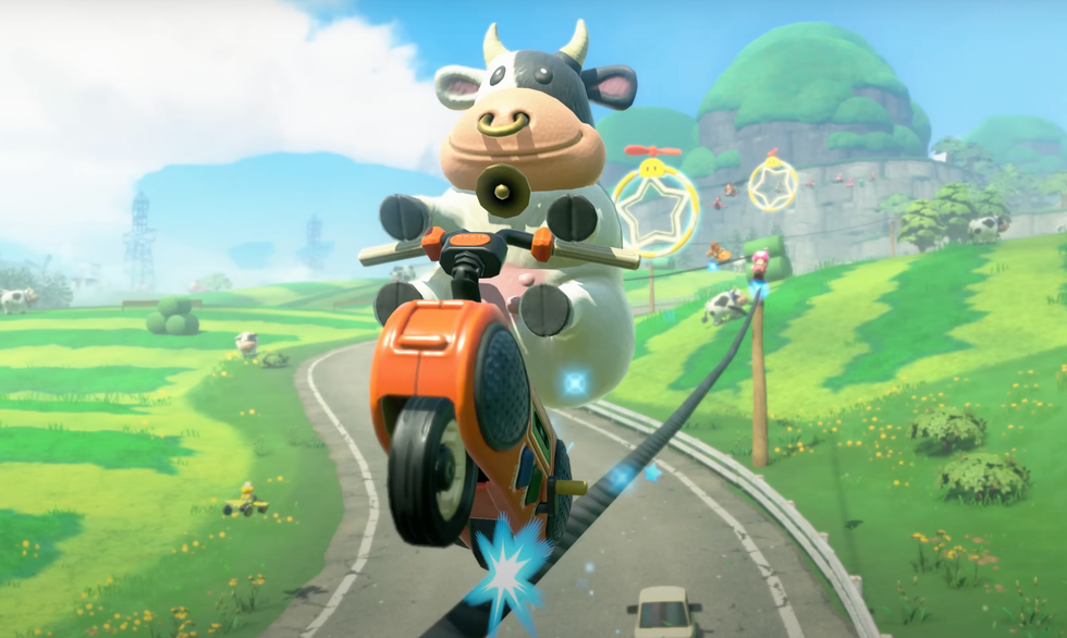 A screenshot of the cow in Mario Kart World