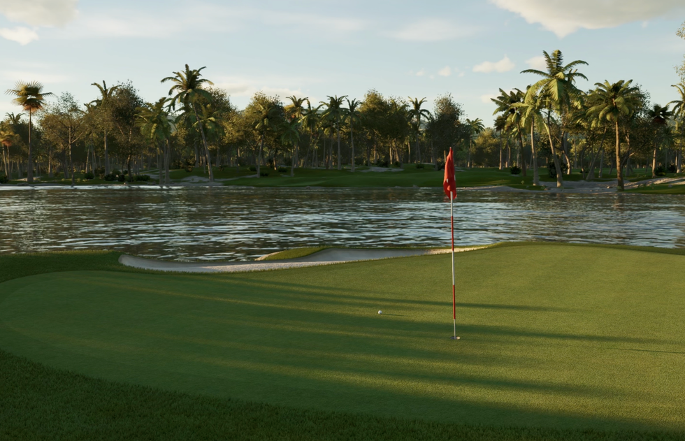 A screenshot of the custom 18th hole Indy100 created in PGA Tour 2K25