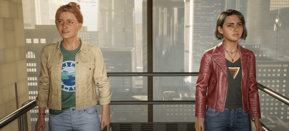 A screenshot of the elevator scene at the start of Split Fiction