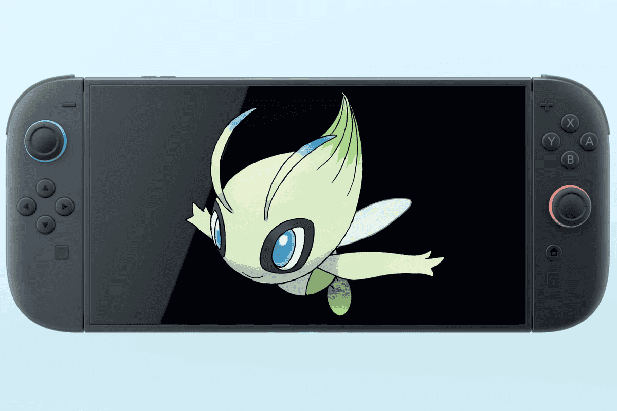 A screenshot of the Nintendo Switch 2 console from the reveal trailer with Pokemon Celebi