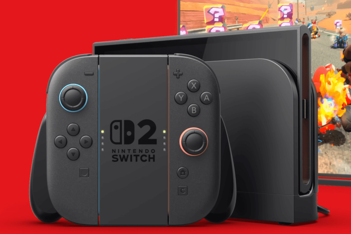 A screenshot of the Nintendo Switch 2 console from the reveal trailer