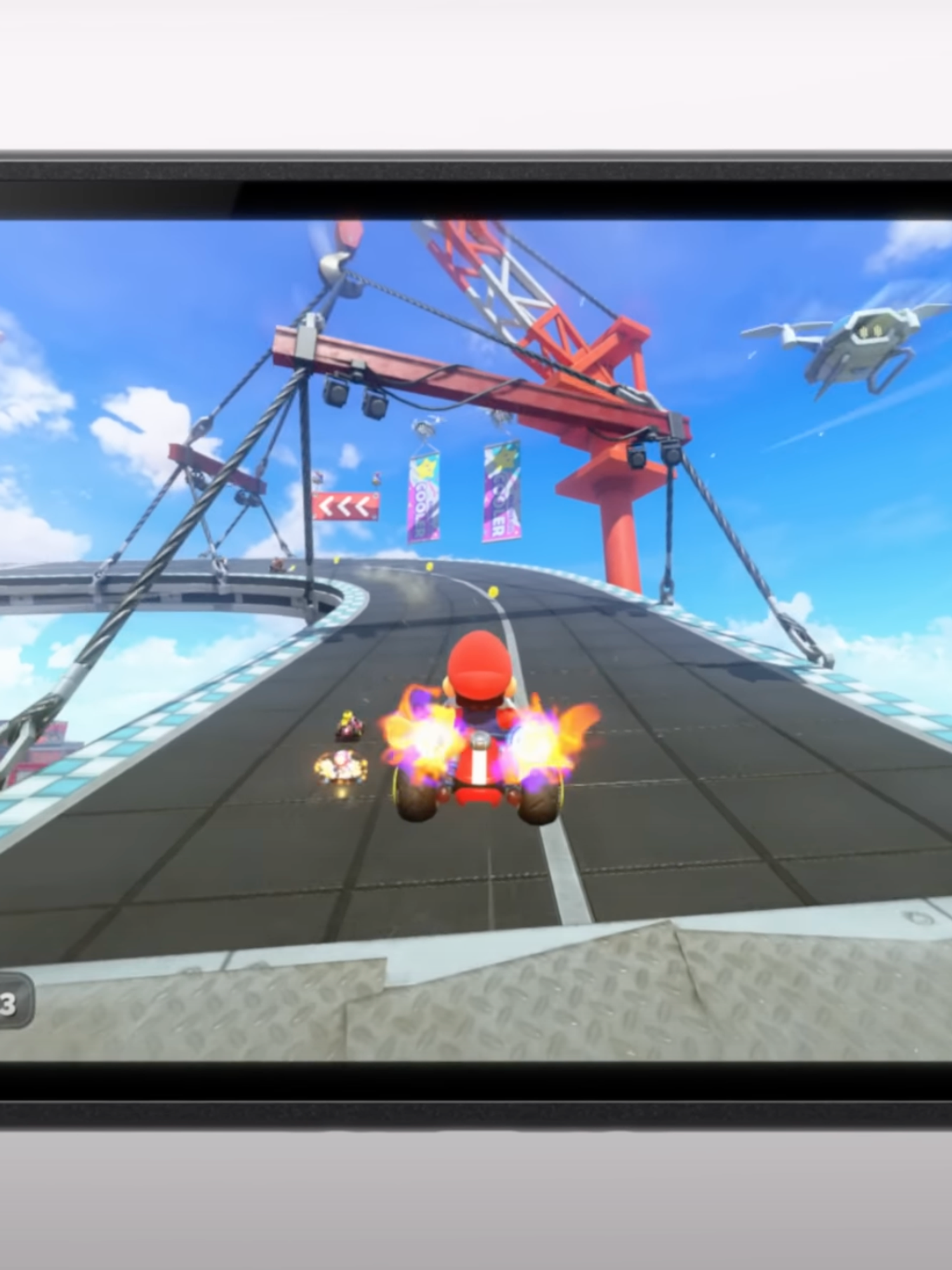 A screenshot of the Nintendo Switch 2 console playing Mario Kart World in the overview trailer