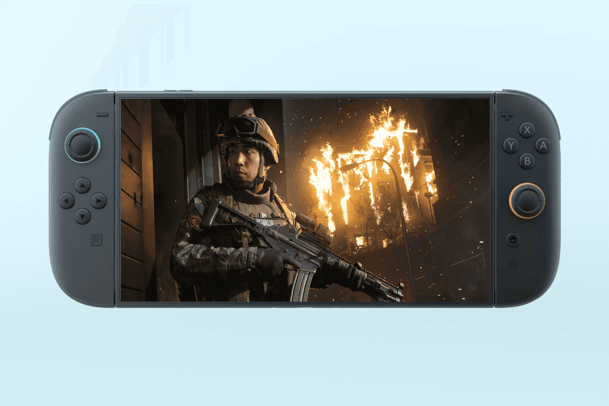 A screenshot of the Nintendo Switch 2 console with an official Call of Duty Modern Warfare 4 screenshot overlay