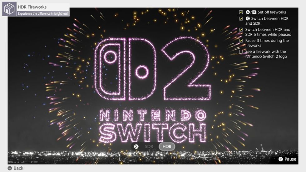 A screenshot of the Switch 2 logo in fireworks in a Nintendo Switch 2 Welcome Tour tech demo
